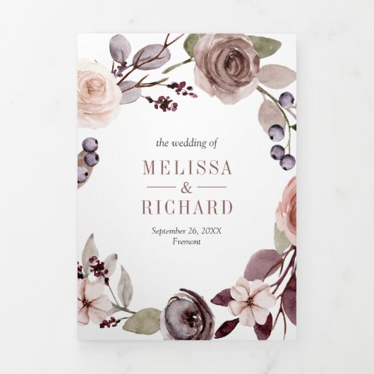 Rustieke Boho Neutrale Pompoen Bloemen QR Code Bru Drieluik Uitnodiging (Cover)