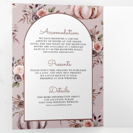 Rustieke Boho Neutrale Pompoen Bloemen QR Code Bru Drieluik Uitnodiging (Binnenzijde eerst)