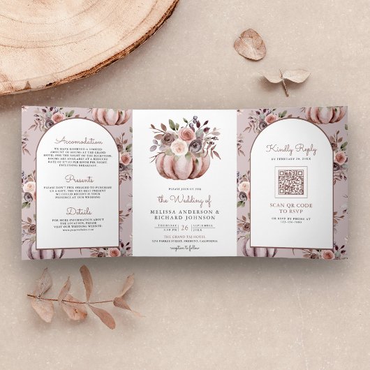 Rustieke Boho Neutrale Pompoen Bloemen QR Code Bru Drieluik Uitnodiging