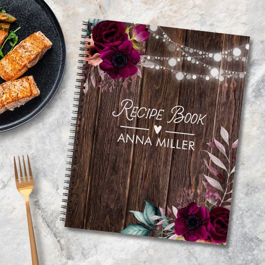 Rustieke Boho Paarse Bloem Hout Recept Kookboek Notitieboek