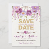 Rustieke Boho Paarse Gouden Bloem Save the Date Ka (Voorkant)