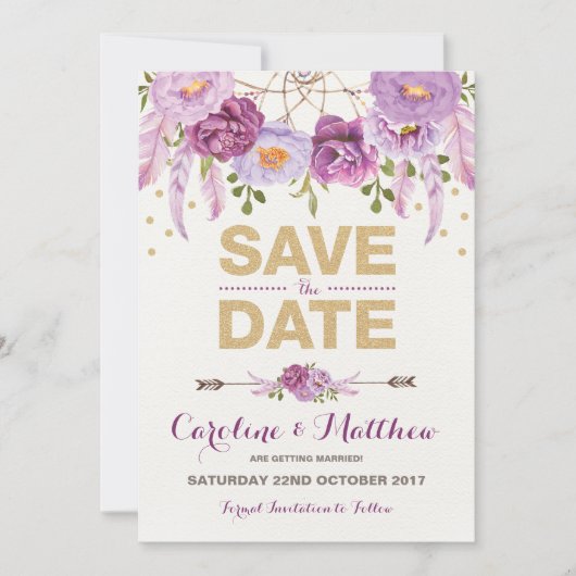 Rustieke Boho Paarse Gouden Bloem Save the Date Ka (Voorkant)