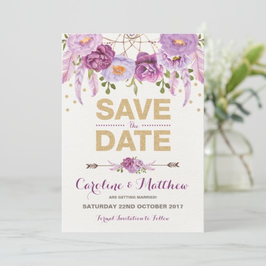 Rustieke Boho Paarse Gouden Bloem Save the Date Ka (Staand voorkant)