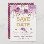 Rustieke Boho Paarse Gouden Bloem Save the Date Ka (Voorkant / Achterkant)