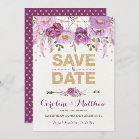 Rustieke Boho Paarse Gouden Bloem Save the Date Ka (Voorkant / Achterkant)
