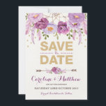 Rustieke Boho Paarse Gouden Bloem Save the Date Ka<br><div class="desc">Prachtige bohemien geïnspireerde SAVE THE DATE kaart met rustieke waterverf paarse bloemen en gouden confetti accenten</div>