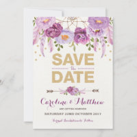 Rustieke Boho Paarse Gouden Bloem Save the Date Ka
