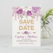 Rustieke Boho Paarse Gouden Bloemige Save the Date (Staand voorkant)