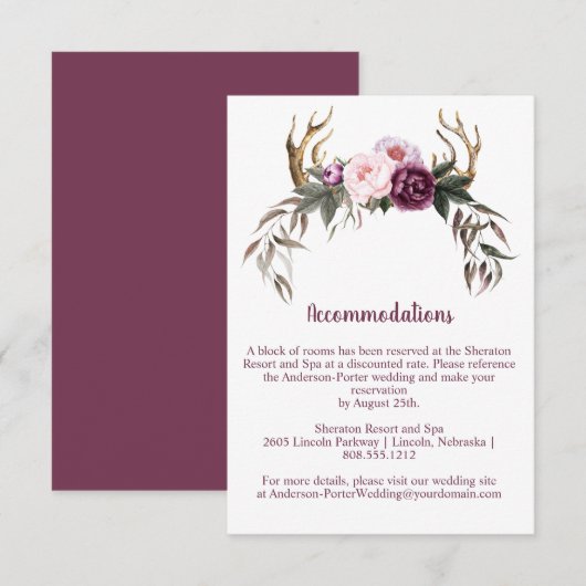 Rustieke Boho Paarse Pioenrozen en Geweien Informatiekaartje (Voorkant / Achterkant)