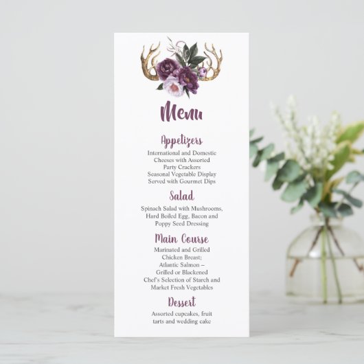 Rustieke Boho Paarse Plum Pioenengewei Bruiloft Menu (Staand voorkant)