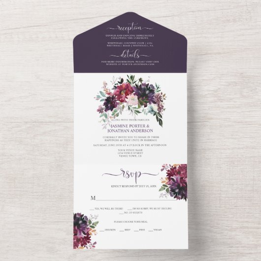Rustieke Boho Paarse Pruim Roze Rood Bloemig Huwel All In One Uitnodiging (Binnen)