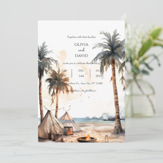 Rustieke Boho Palm kustlandschap strand bruiloft Kaart (Staand voorkant)