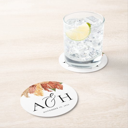 Rustieke Boho Palm Leaf Monogram Huwelijk Ronde Kartonnen Onderzetter (Insitu)