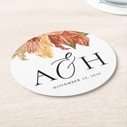 Rustieke Boho Palm Leaf Monogram Huwelijk Ronde Kartonnen Onderzetter (Gebogen)