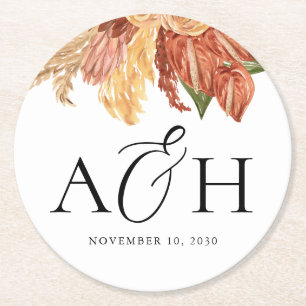 Rustieke Boho Palm Leaf Monogram Huwelijk Ronde Kartonnen Onderzetter