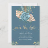 Rustieke Boho Palm Stof Blauw Bloemige Trouwdag Save The Date (Voorkant)