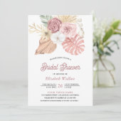 Rustieke Boho Palm Stof Roze Rozen Bruidsdouche Kaart (Staand voorkant)