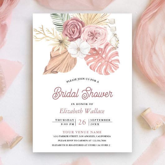Rustieke Boho Palm Stof Roze Rozen Bruidsdouche Kaart