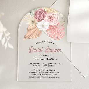 Rustieke Boho Palm Stof Roze Rozen Bruiloft Feest Acryl Uitnodigingen