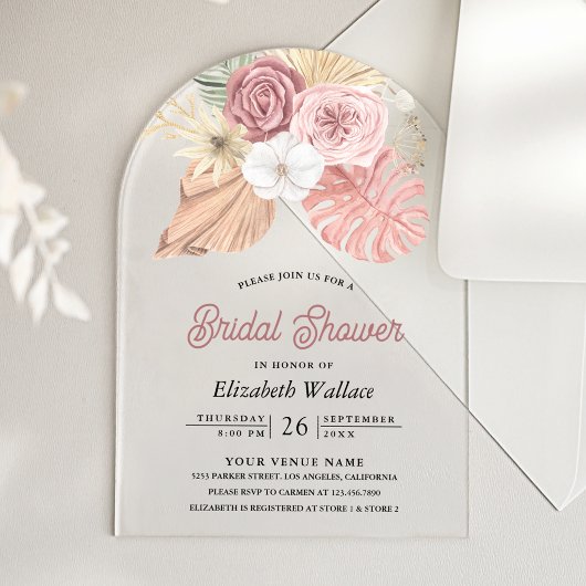 Rustieke Boho Palm Stof Roze Rozen Bruiloft Feest Acryl Uitnodigingen