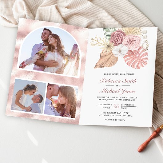 Rustieke Boho Palm Stof Roze Rozen QR Code Trouwen