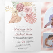Rustieke Boho Palm Stof Roze Rozen QR Code Trouwen Drieluik Uitnodiging (Binnenzijde eerst)