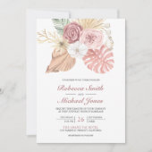 Rustieke Boho Palm Stof Roze Rozen QR Code Trouwen Kaart (Voorkant)
