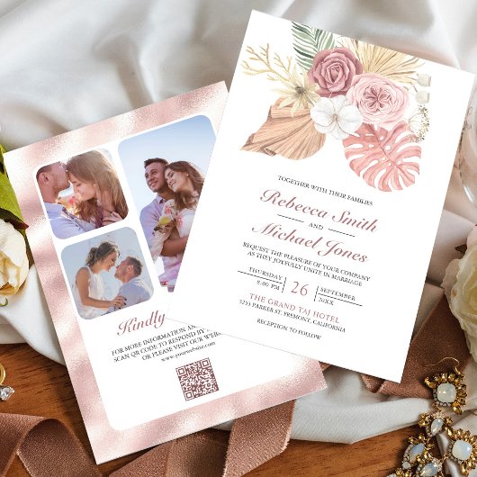 Rustieke Boho Palm Stof Roze Rozen QR Code Trouwen Kaart