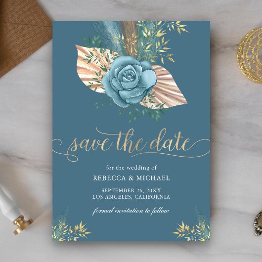 Rustieke Boho Palm Stofblauw Bloemige Bruiloft Save The Date