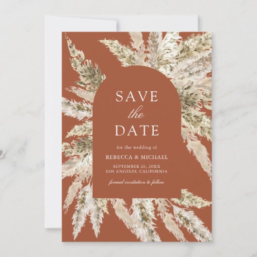 Rustieke Boho Pampas Boog Terracotta bruiloft Save The Date (Voorkant)