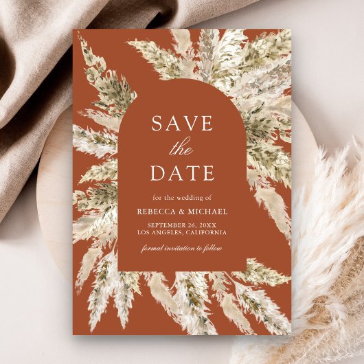 Rustieke Boho Pampas Boog Terracotta bruiloft Save The Date