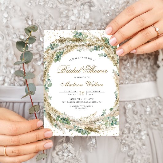 Rustieke Boho Pampas Eucalyptus Krans Bruidsdiner Kaart