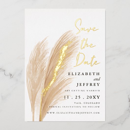 Rustieke Boho Pampas Foto Save The Date Folie Uitnodiging (Voorkant)