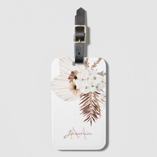 Rustieke Boho Pampas Gras Bloemige Monogram Bagagelabel (Voorkant (verticaal))