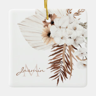 Rustieke Boho Pampas Gras Bloemige Monogram Keramisch Ornament