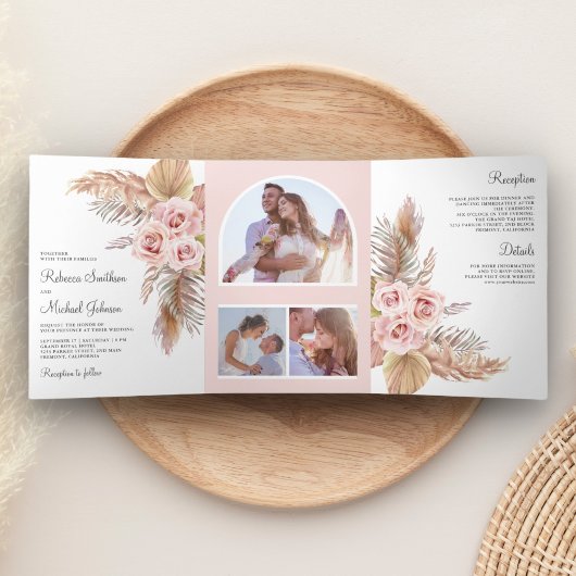 Rustieke Boho Pampas Gras Stof Roze Rozen Trouwen Drieluik Uitnodiging