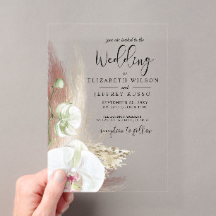 Rustieke Boho Pampas Gras Witte Orchidee Huwelijk Acryl Uitnodigingen