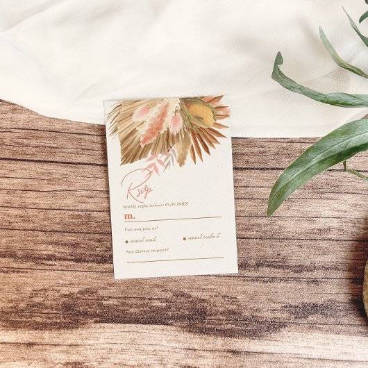 Rustieke Boho Pampas Grass Wedding RSVP Kaartje