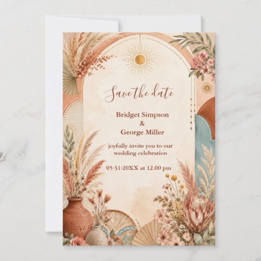Rustieke Boho Pampas wilde bloemen Huwelijk Kaart (Voorkant)