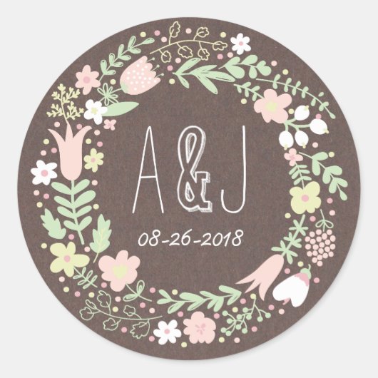 Rustieke Boho Pastel Bloem Krans Bruiloft Ronde Sticker (Voorkant)