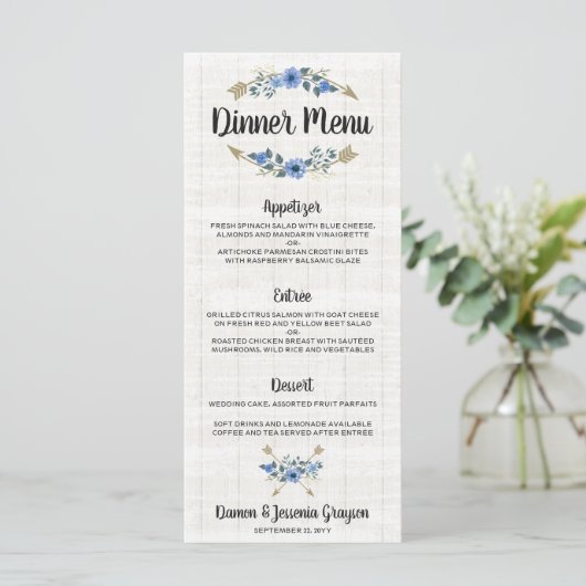 Rustieke Boho Pijlen & Bloemendiner Menu Bruiloft (Staand voorkant)