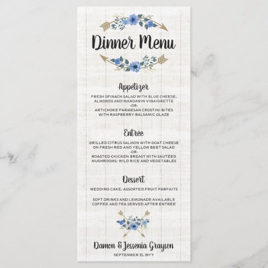 Rustieke Boho Pijlen & Bloemendiner Menu Bruiloft (Voorkant)