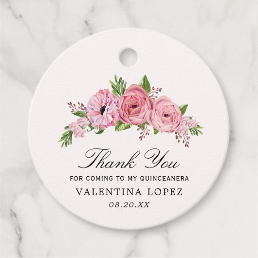 Rustieke Boho Pink Floral Quinceanerea Dank u Bedankjes Labels (Voorkant)