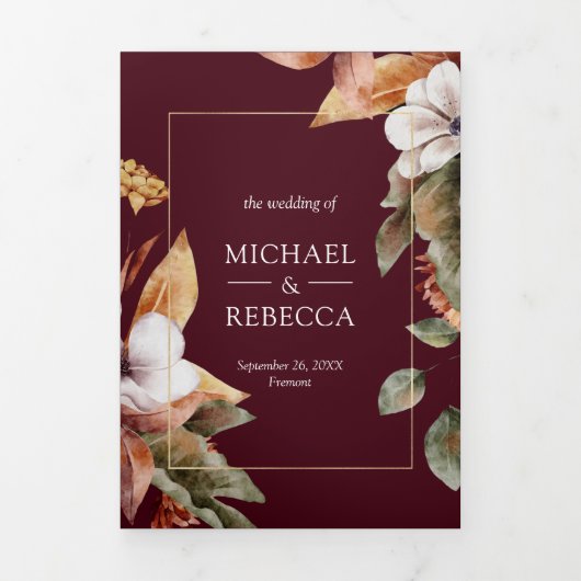 Rustieke Boho Pompoen Foto QR Code Bourgogne Huwel Drieluik Uitnodiging (Cover)