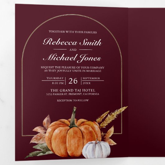 Rustieke Boho Pompoen Foto QR Code Bourgogne Huwel Drieluik Uitnodiging (Binnenzijde eerst)