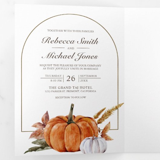 Rustieke Boho pompoen foto QR code bruiloft Drieluik Uitnodiging (Binnenzijde eerst)