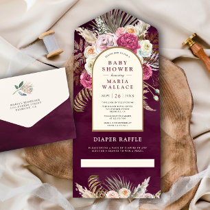 Rustieke Boho Pruim Bloemenboeket Boog Baby Shower All In One Uitnodiging