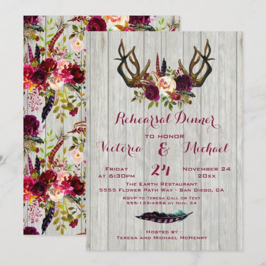 Rustieke Boho repetitie diner met bloemengewei Kaart (Voorkant / Achterkant)