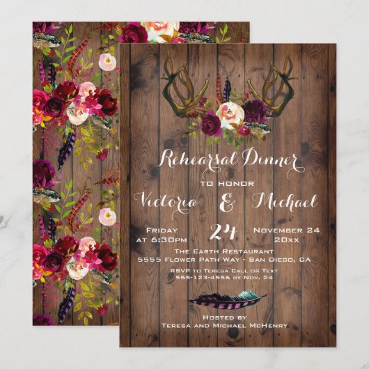 Rustieke Boho repetitie diner met bloemengewei Kaart (Voorkant / Achterkant)