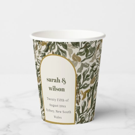 Rustieke Boho Retro Boog Groene Botanische Huwelij Papieren Bekers (Achterkant)